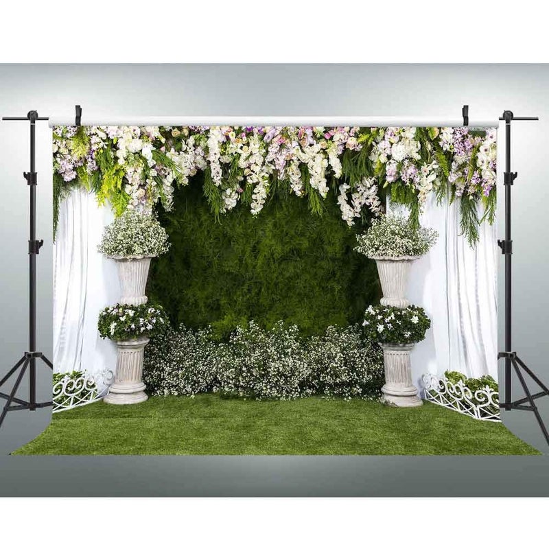 EOA 7x5FT Flower Arch White Curtain Photography Backdrop Green Leaves Floral Background - Great for Birthday, Wedding, Studio, Booth, Party, Events, Portrait Use Photoshoot Props - Image 1